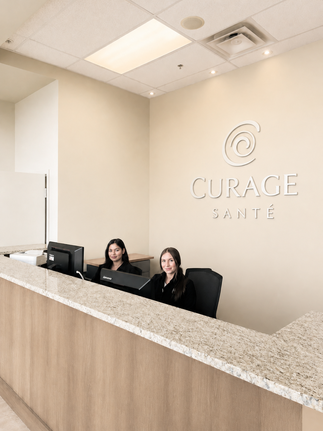 CurAge Santé reception — modern private clinic in Pointe-Claire